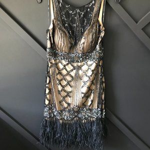 Sue Wong Ostrich Feather Trim 1920s Gatsby Dress